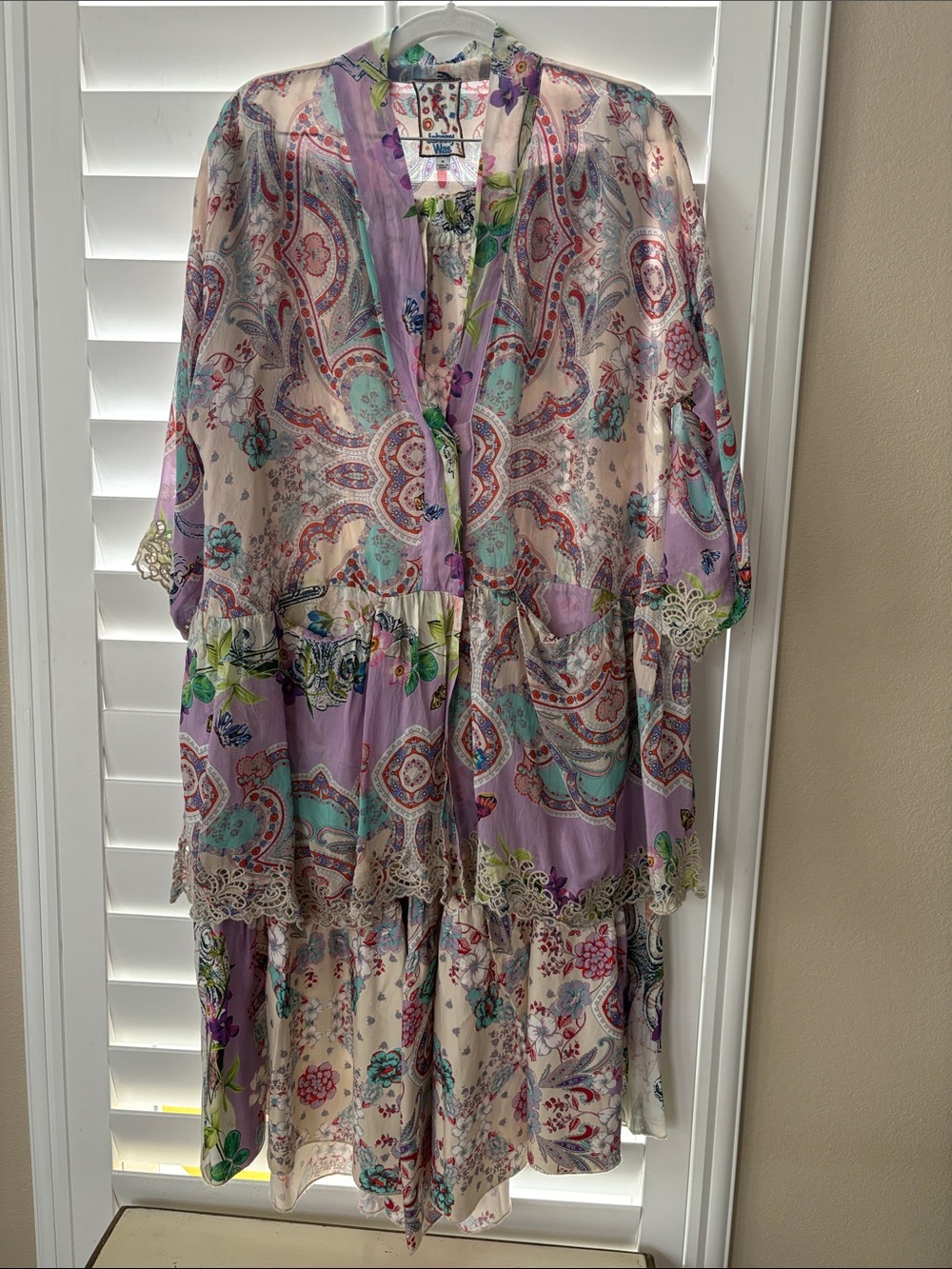 Johnny Was Embroidered Label Top in Blue, Pink & Cream